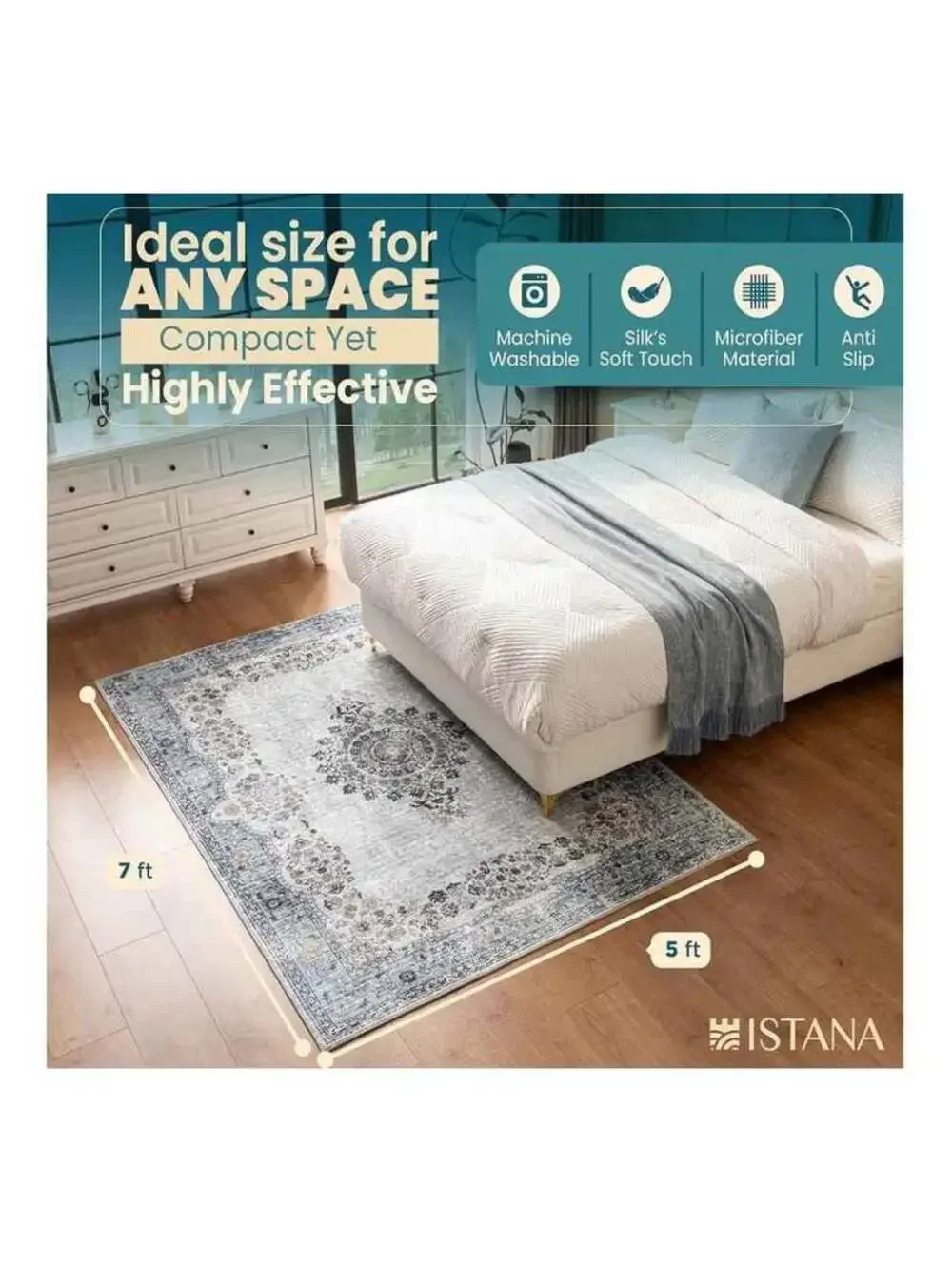 Istana Blue 8x10 Rugs Living Room Foldable Bedroom Stain Resistant Washable Eco